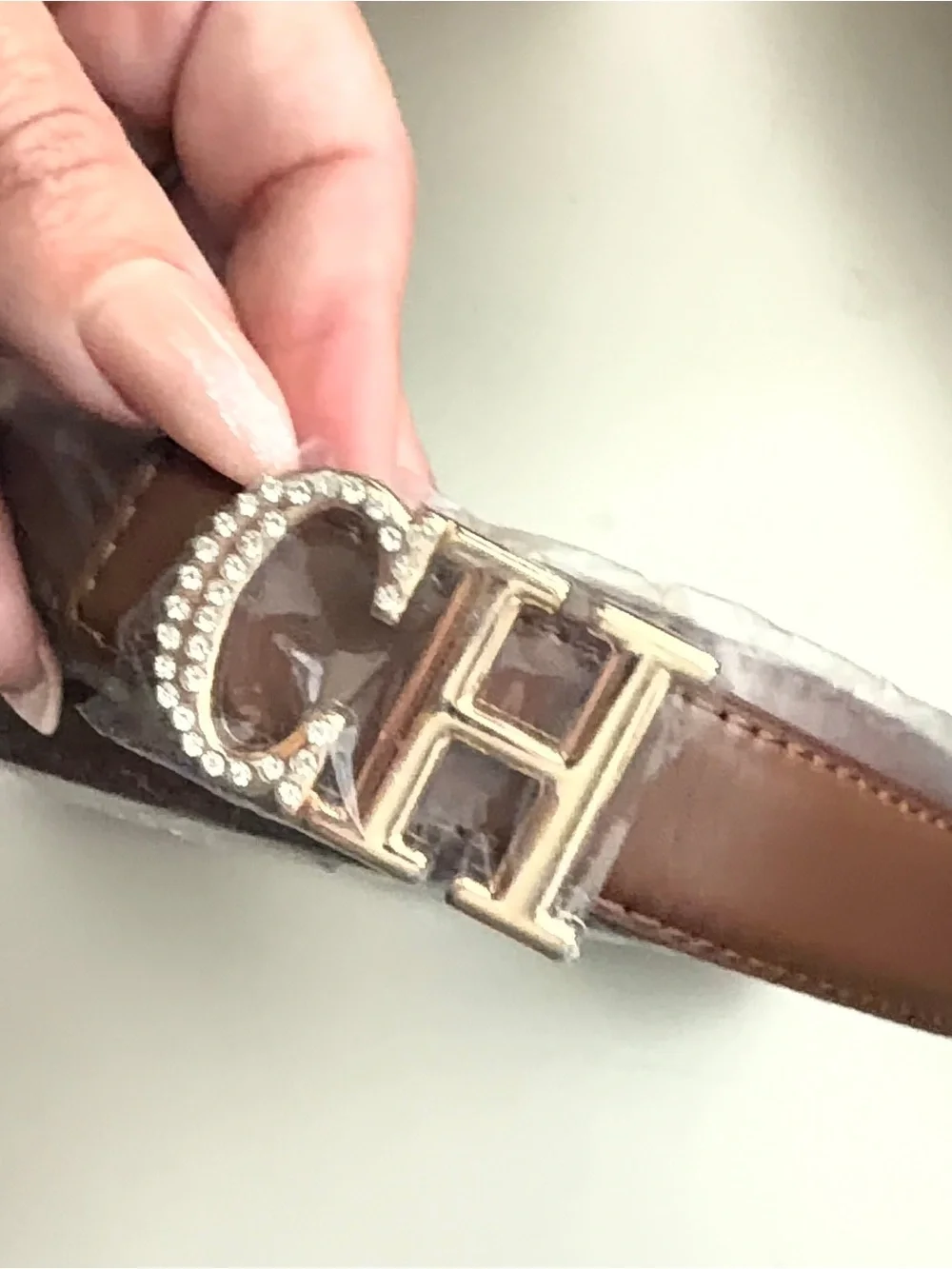 New CH Crystal-Embellished Brown Leather Belt for women size XL(110CM)